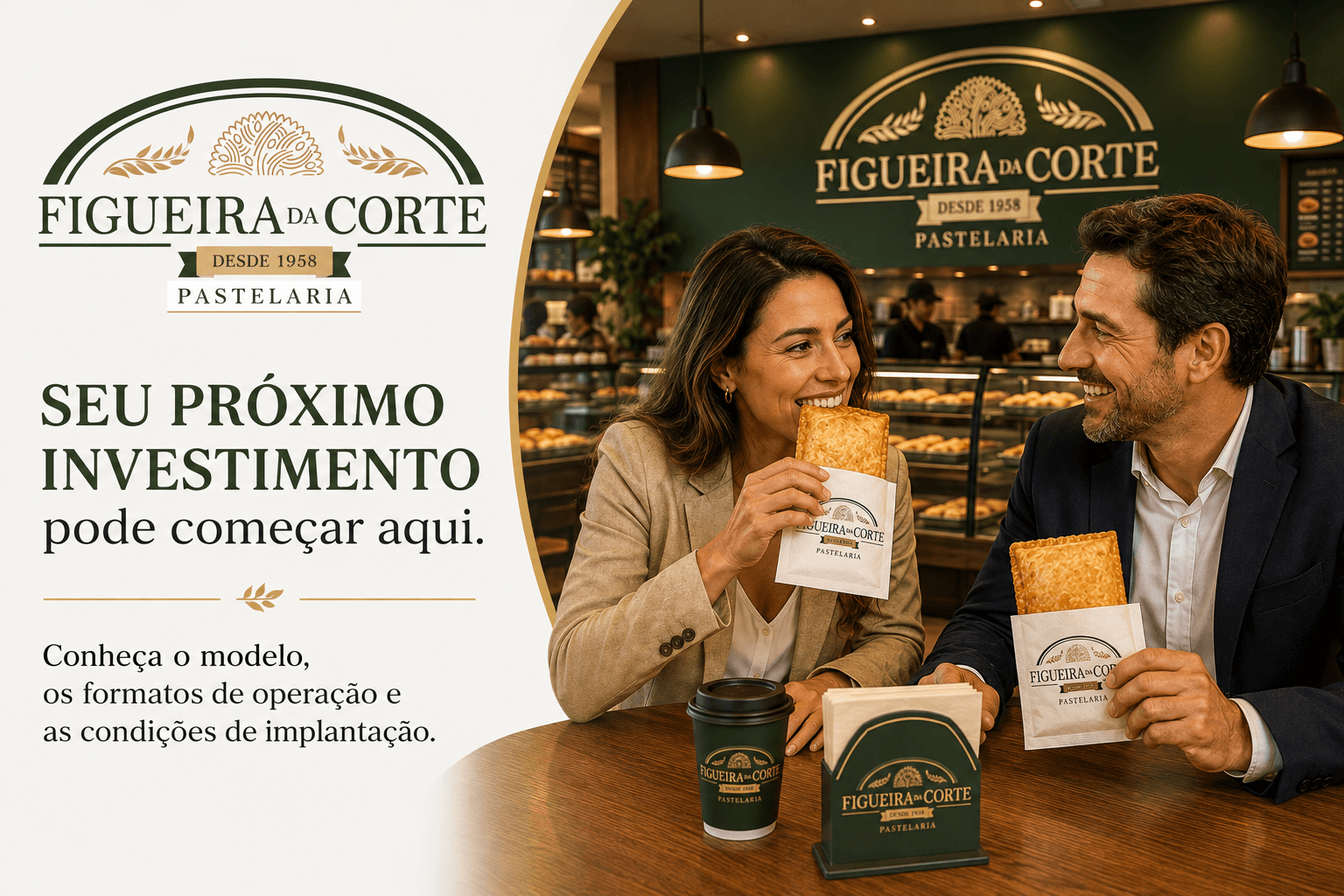 Casal em uma unidade Figueira da Corte conhecendo a oportunidade de franquia